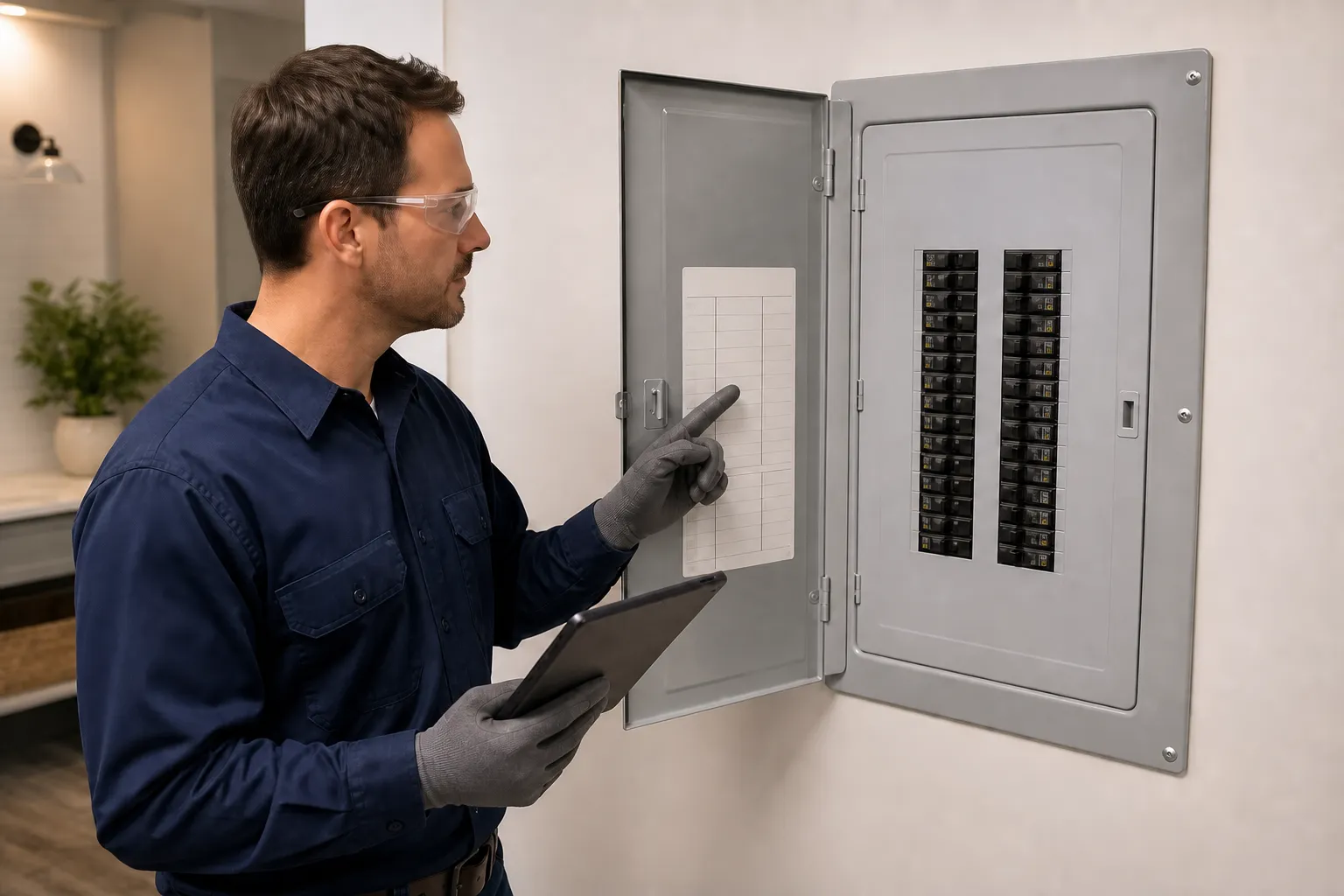 Illustrative view of an electrician reviewing a finished electrical panel